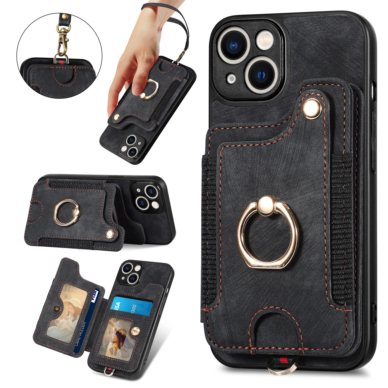 

BR02 Leather Ring Buckle Phone Case For Iphone 14 Pro Max 13 12 11 X XS XR Iphone8 RFID Anti-theft Brush Lanyard Card Solt Cover