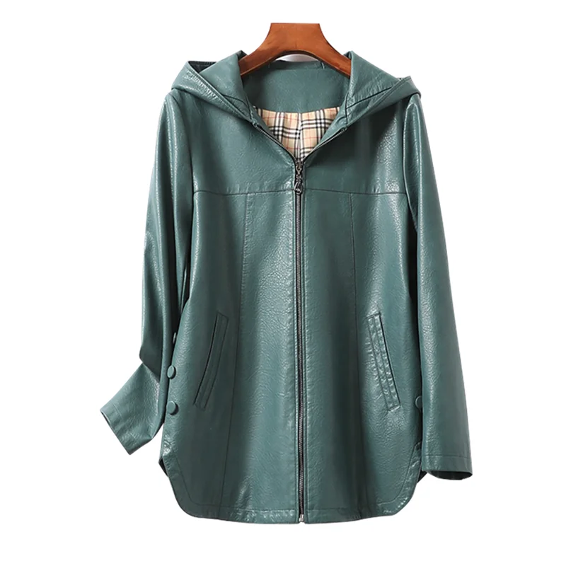 L-5XL New Woman Hooded Sheepskin Jacket Spring Autumn Fashion Casual Loose Mid-length Outerwear Split Leather Tops Coat Female
