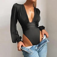 jumpsuit for women sexy low cut solid color 2022 spring summer new casual fashion slim long sleeve playsuits fashion black red