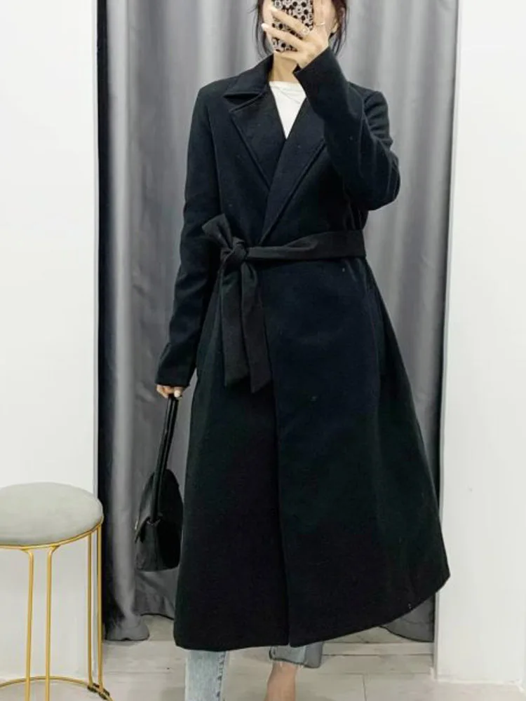 

2022 Autumn Winter Women Wool Blends Coats Casual Solid Loose Sashes Bow Female ELegant OL Overcoat Outerwear Clothing