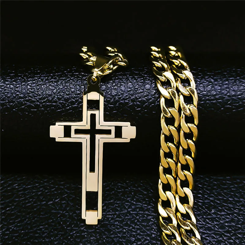 

2022 Hip Hop Cross Stainless Steel Chain Necklaces Gold Color Long Pendant Necklace for Women/Men Jewelry collier homme NXS05