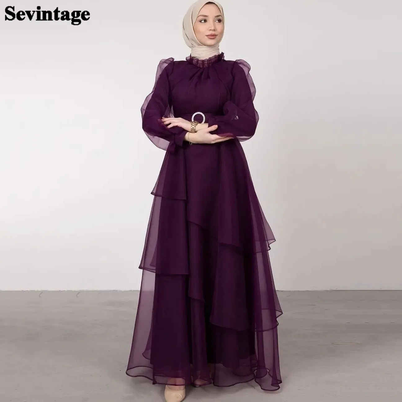 

Фиолетовые мусульманские платья для выпускного вечера Sevintage из органзы с высоким воротом и длинным рукавом, многослойные женские платья, оф...