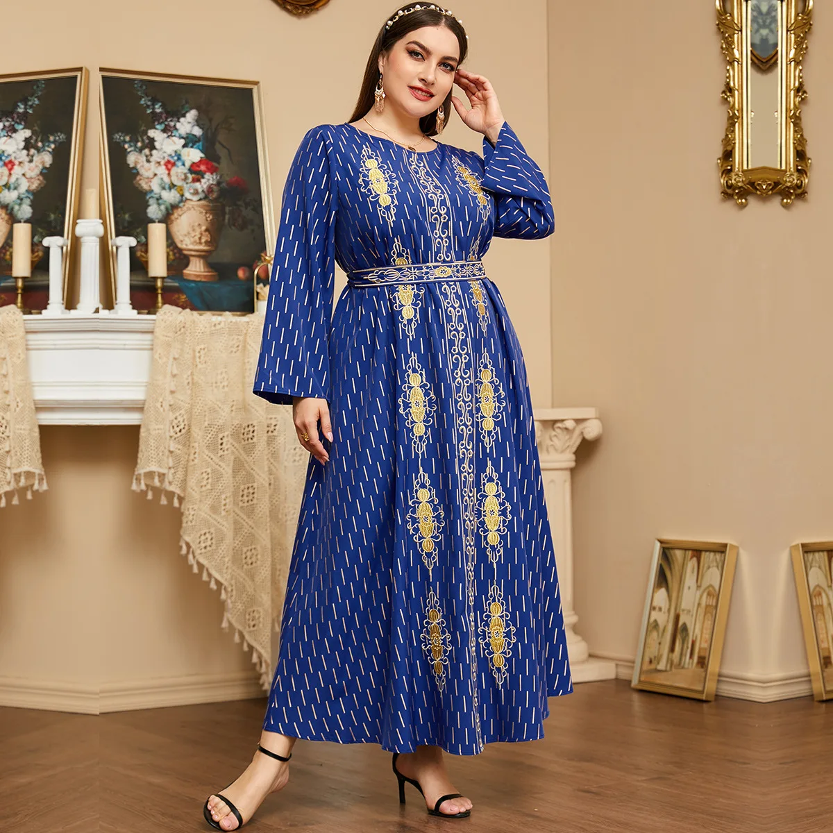 Arabic Dresses For Women Vintage Embroidery Belted Kaftan Casual Loose Maxi Long Dress Muslim Ramadan  long dresses