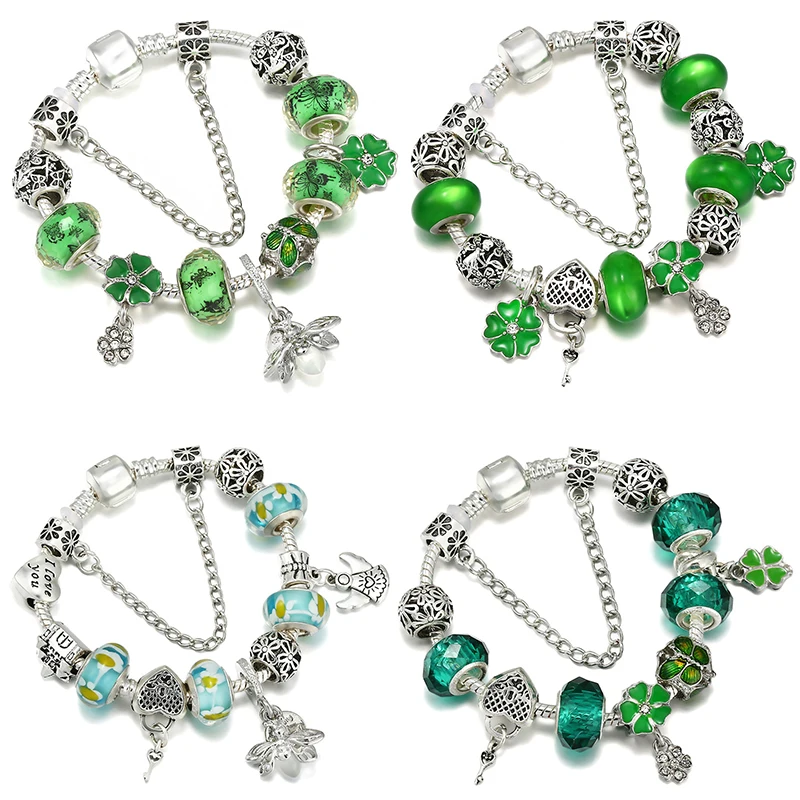 Green Butterfly Glass Beads Pulseras Women Heart Clover Charms for Jewelry Making DIY Silver Color Lock Firefly Pendant Bracelet