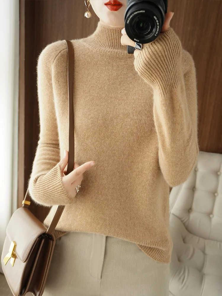 

Spring 30% Merino Wool Women's Knitted Pullover Sweater Long Sleeve Mock-Neck Classic Top Clothing