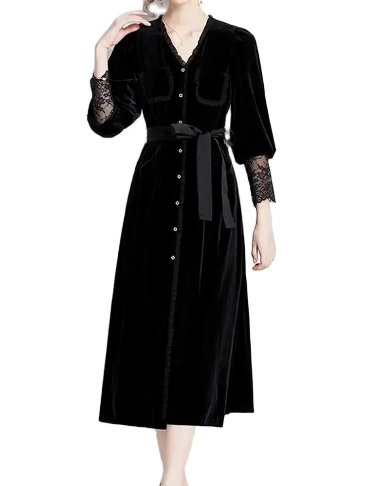 

High Quality Golden Velvet V-Neck Long Sleeved Waistband Dress 2023 Autumn New Fashionable Women'S Clothing