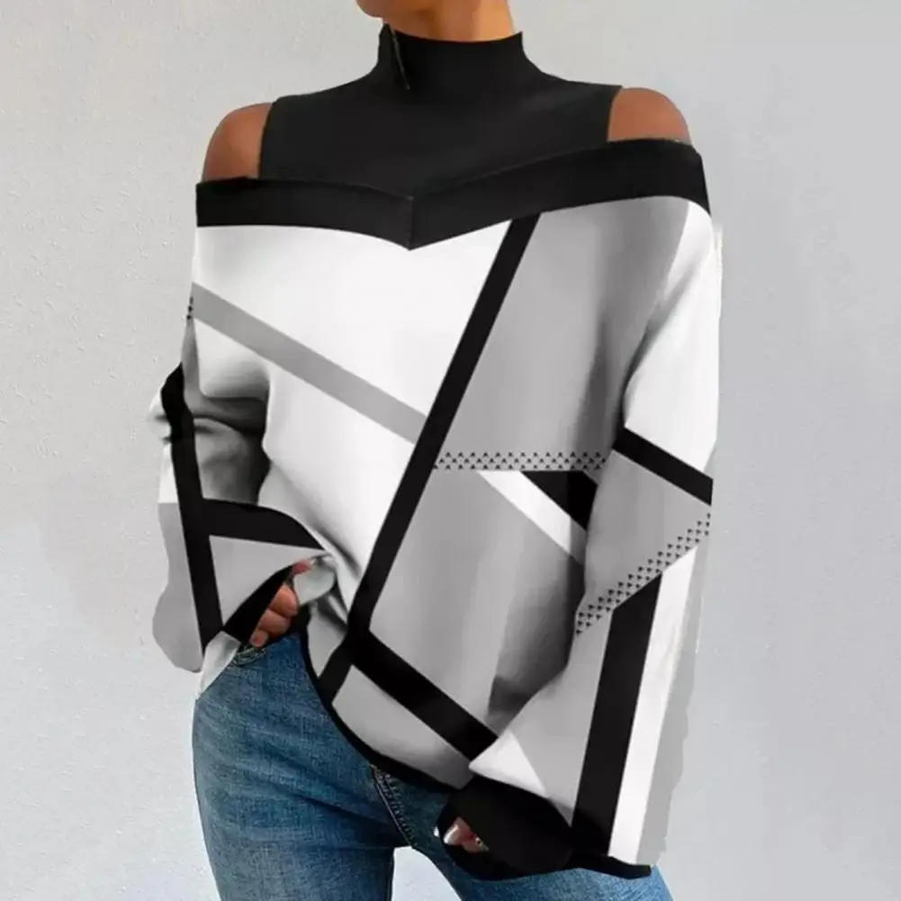

Off-shoulder Top High Neckline Geometric Pattern Top Geometric Print Off Shoulder Pullover Stylish Women's Loose for Fall