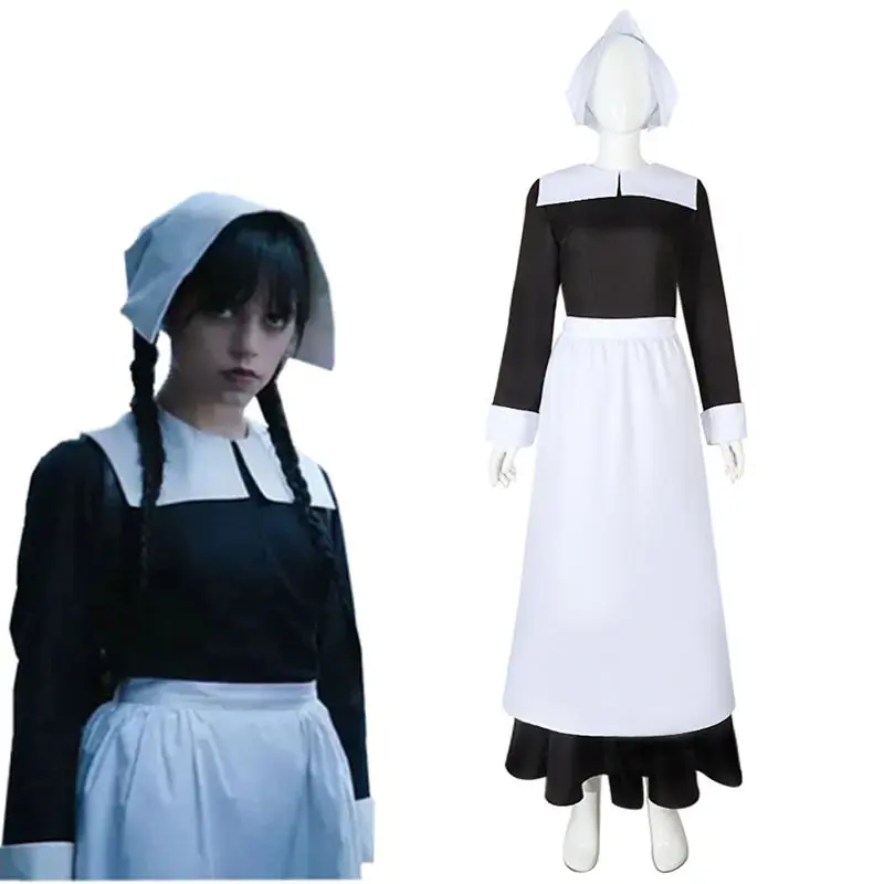 

Wednesday Addams Family Cosplay Costume Wednesday Women Maid Dress Outfits Halloween Carnival Party Suit Girl Kids Waitress