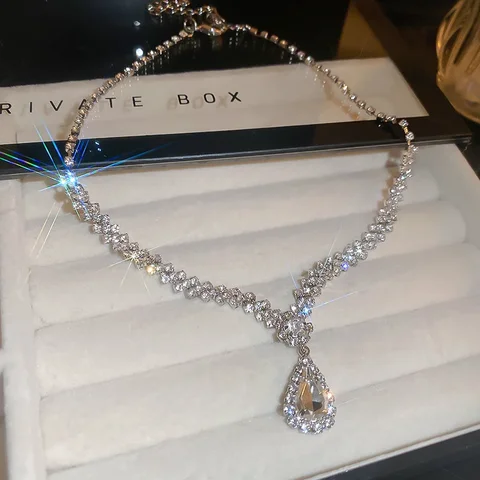 Сверкающее ожерелье со стразами, серьги-капли, женские геометрические подвески в виде капель воды, модные ожерелья, серьги, свадебные комплекты ювелирных изделий