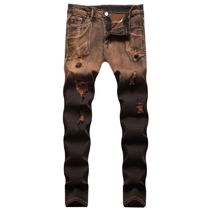 

2023 Men's Ripped Dyed Two-Tone Casual Fashion Straight Stretch Jeans