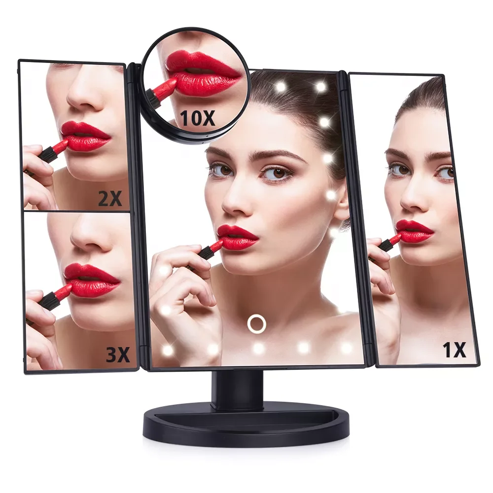 

NEW2022 LED Light Makeup Mirror 2/3/10X Magnifying Cosmetic 3 Folding Vanity Mirrors 180 Rotation Touch Dimmer Table Mirrors