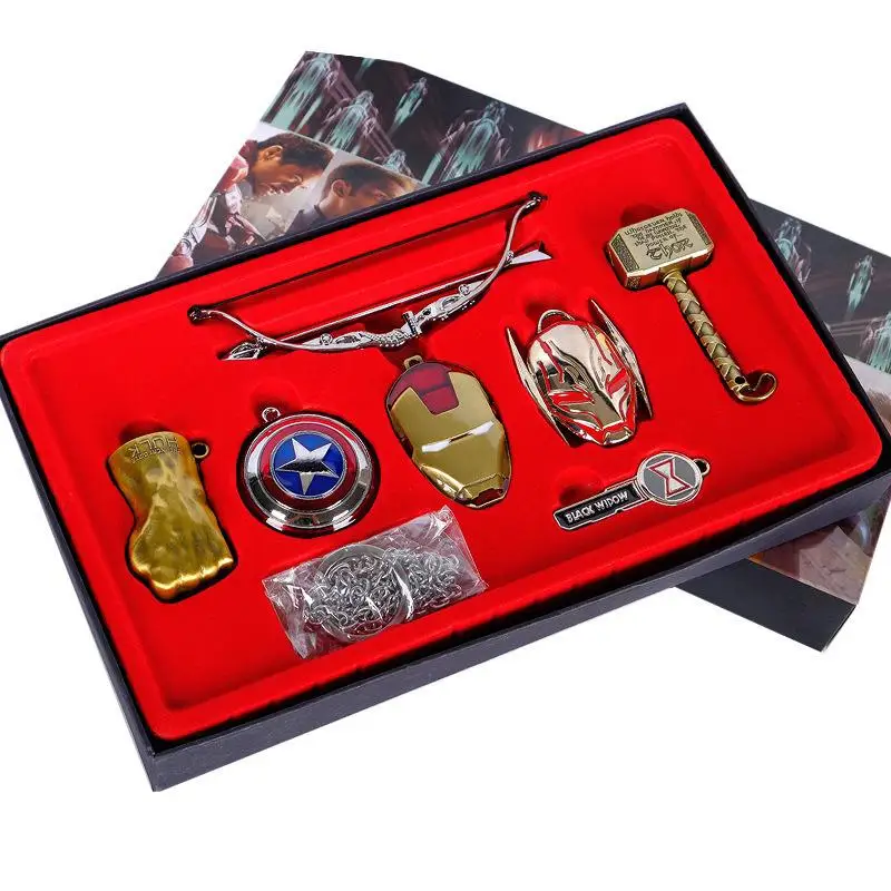 The Avengers Cartoon Weapons Necklace Keychains Mask Badge Bow And Arrow Fist Shield Thor Hammer Metal Collectible Keyring Toys