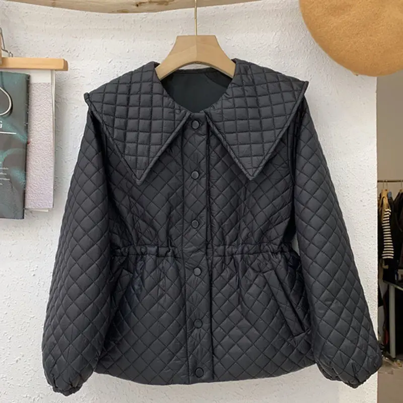 Vintage Long Sleeve Parka Single-breasted Belt Outerwear 2022 Elegant Winter Padded Jacket Women Lingge Quilted Doll Collar Coat