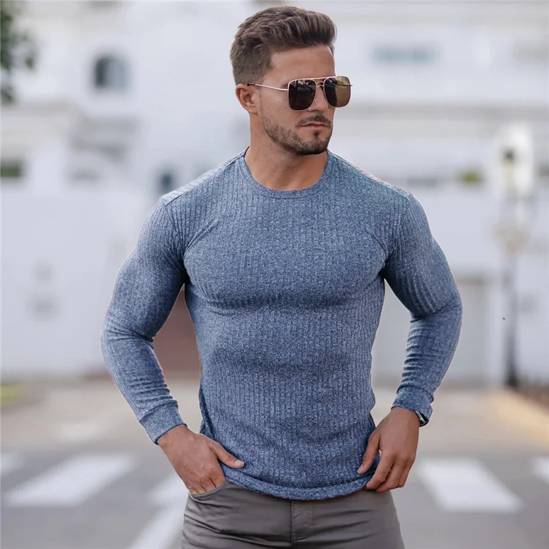 

Spring Fashion O-neck Sweaters Men Strips Knitted Pullovers Men Solid Casual Sweater Male Autumn Slim Fit Knitwear Clothing