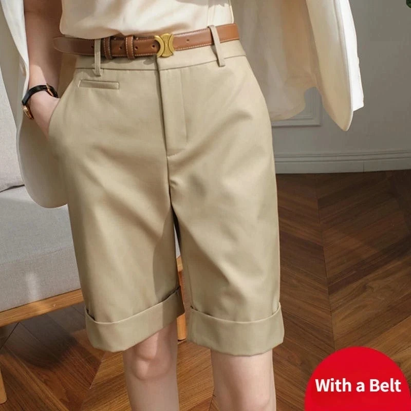 Ladies Summer High Waist Knee Length Straight Shorts with Belt Office Khaki White Black Business Casual Short Suit Pants Women