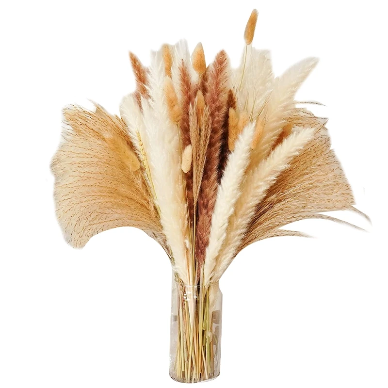 

BEAU-Pampas Grass, 80 Pcs Dried Pampas Grass Decor Tall 17Inch, Natural Brown & White Pompous Grass Bunny Tails Dried Flowers