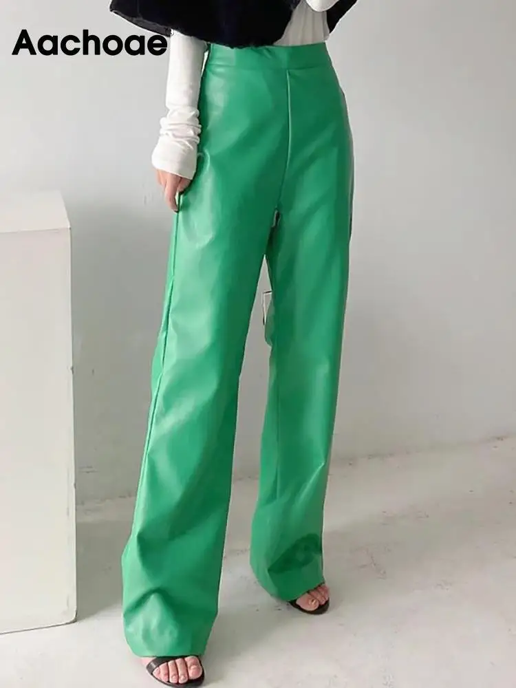 

Aachoae Women Solid Color Pu Faux Leather Long Pants High Waits Side Zipper Fly Full Length Pants Female Fashion Green Pants