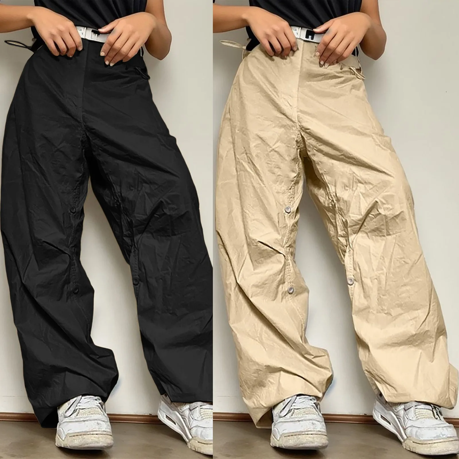 

Женские повседневные джоггеры, винтажные однотонные мешковатые брюки с низкой талией и завязками, спортивные брюки Y2K с широкими штанинами, уличная одежда, брюки-карго