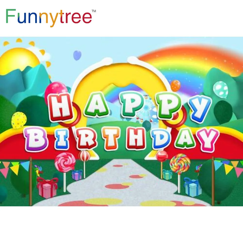 

Funnytree Happy Rainbow Birthday Party Background Cloud Trees 1st Candy Bar Cartoon Baby Shower Sunshine Newborn Decor Backdrop