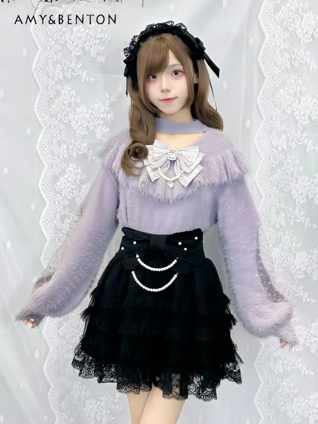 Японская серия Mine массовое производство свитер с кружевным бантом и лямкой на