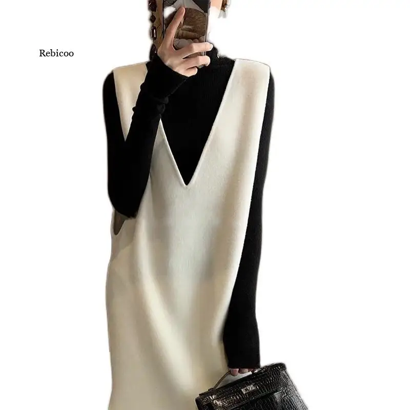 Женский пуловер без рукавов плюшевое платье новинка Длинное свободное шерстяное