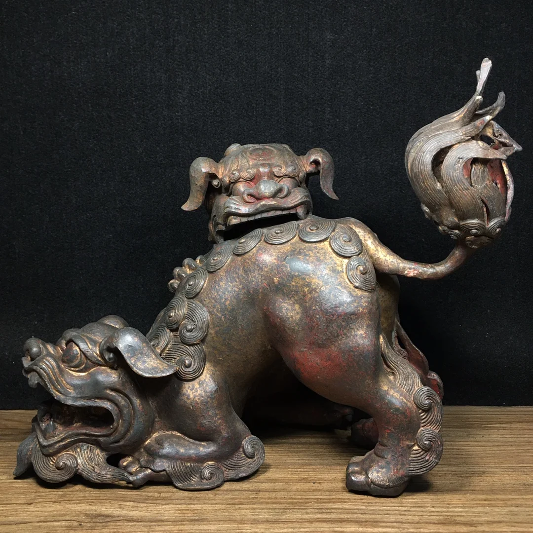 

11"Tibetan Temple Collection Old Bronze Cinnabar Gilt Double lion head Mother and son lion Incense burner Amass wealth Ornaments