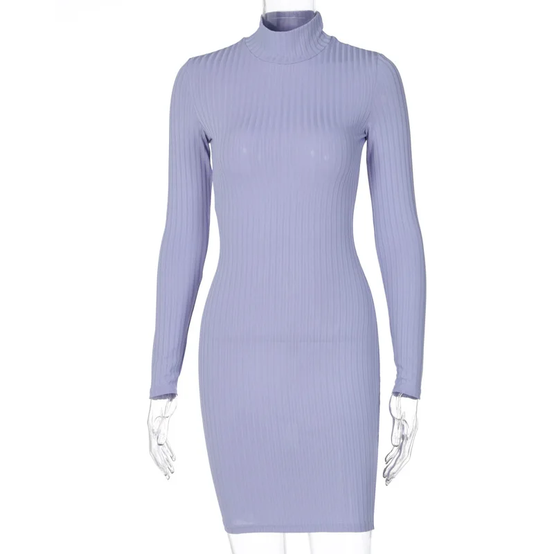 

2022 New Women Autumn Long-sleeved Dress Ladies Casual Streetwear Fashion Solid Color Turtleneck Knitted Skinny Short Mini Dress