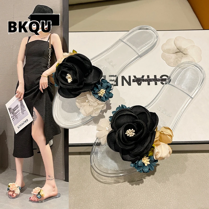 

Тапочки женские нескользящие, прозрачная подошва, Цветочный декор, летние модные шлепанцы, роскошная удобная обувь, 2022