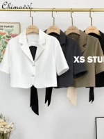 female fashion office lady short sleeve suit coat womens 2022 summer new elegant simple slimming bow backless short blazers