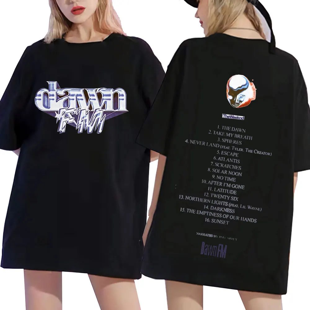 The Weeknd Dawn Fm Black T Shirt Men Retro Graphic Double-sided Print T-shirt Vintage Unisex Cotton Tee Woman Loose Streetwear