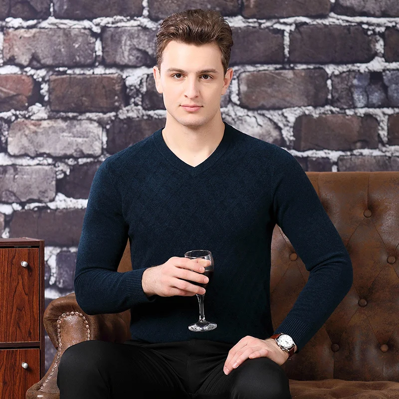 sweater men's 2023 high-end business new winter V-Neck Sweater Pullover solid color knitted top