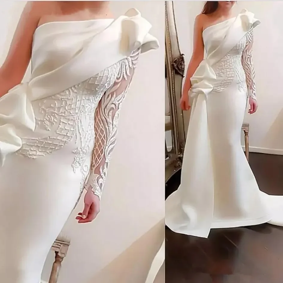

Elegant One Shoulder Mermaid Trumpet Formal Wedding Guest Evening Prom Dresses Cocktail White Long Sleeves Satin Ruched Ruffles