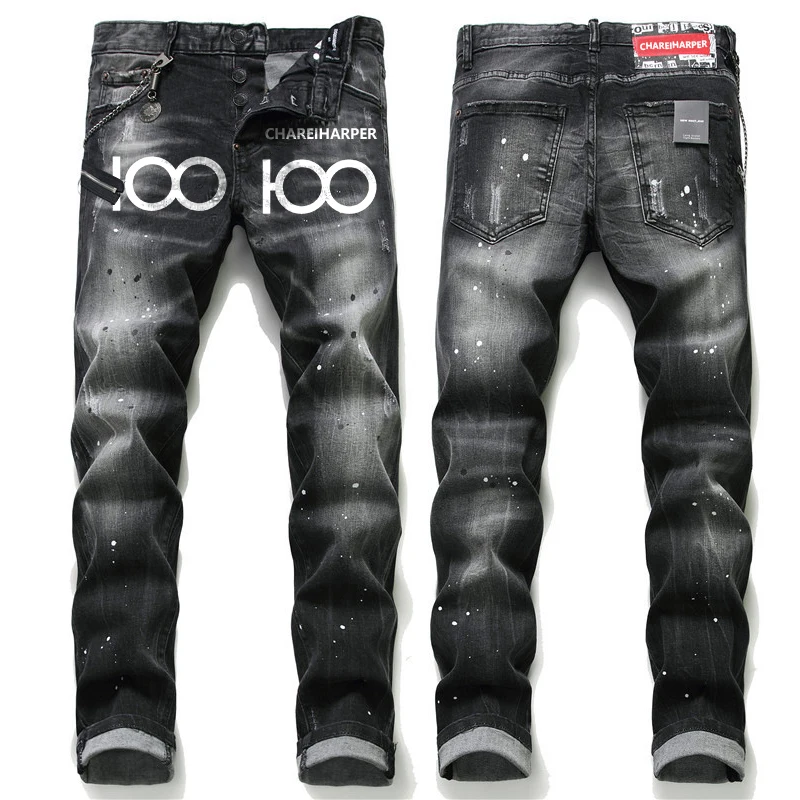 Джинсы тонкая черная металлическая подвеска с принтом хлопковая эластичная