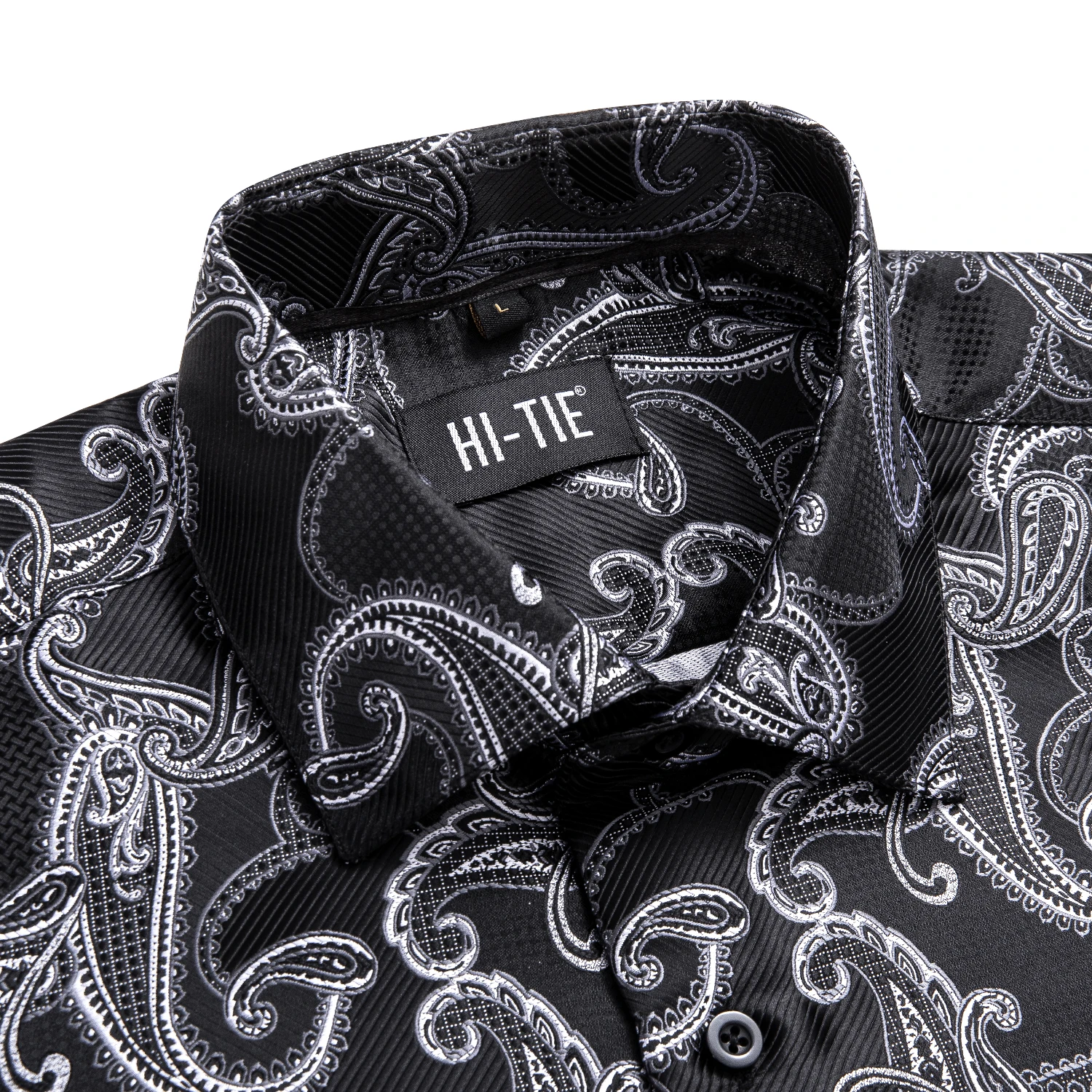 Hi-Tie Men's Silk Shirts Long Sleeve Lapel Black Grey Paisley Shirt For Male Soft Breathable High Quality Business Daily Use XXL