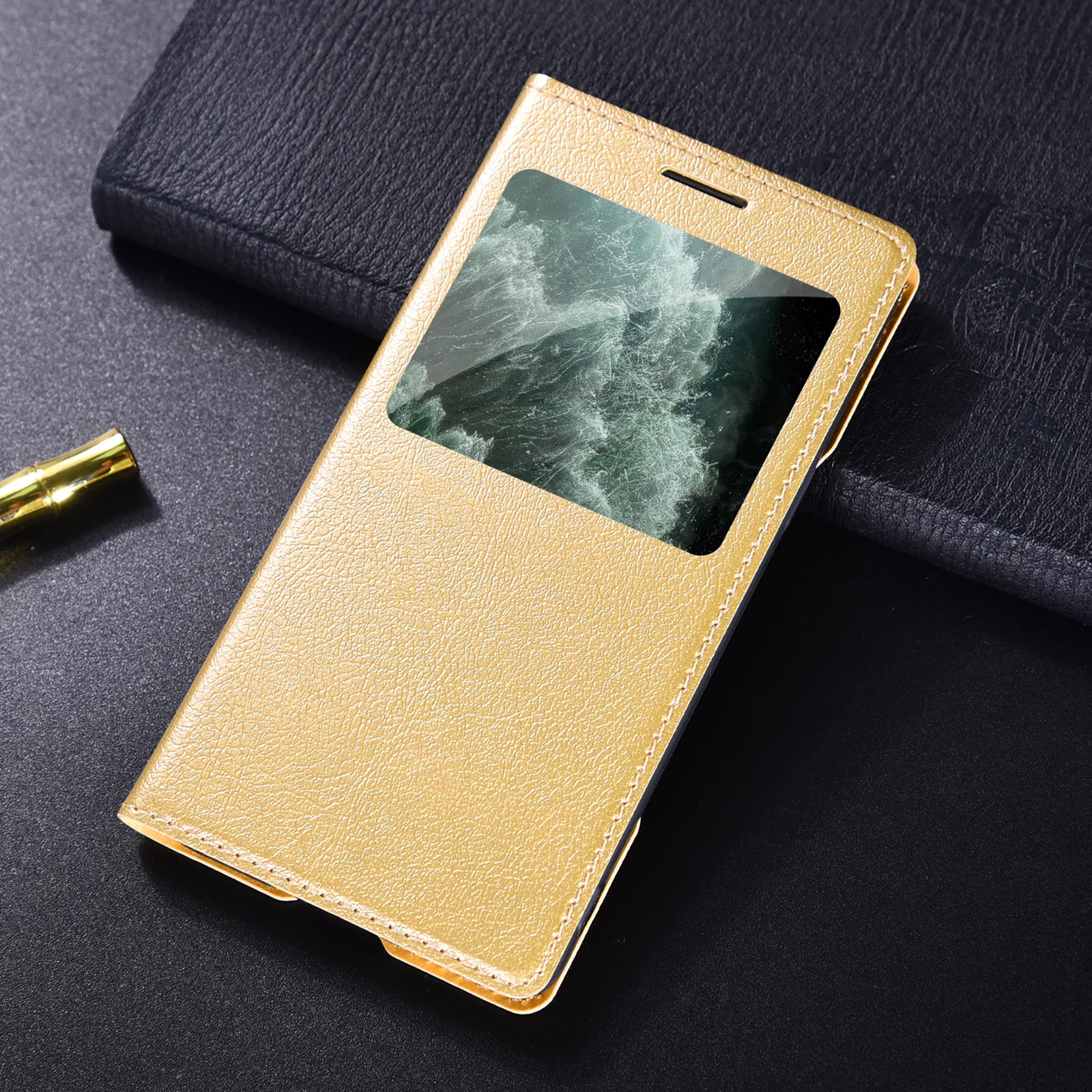 Тонкий кожаный чехол-книжка из ТПУ для Samsung Galaxy A7 2015 с маленьким прозрачным окошком, чехлы Glaxay 7A Duos SM A700