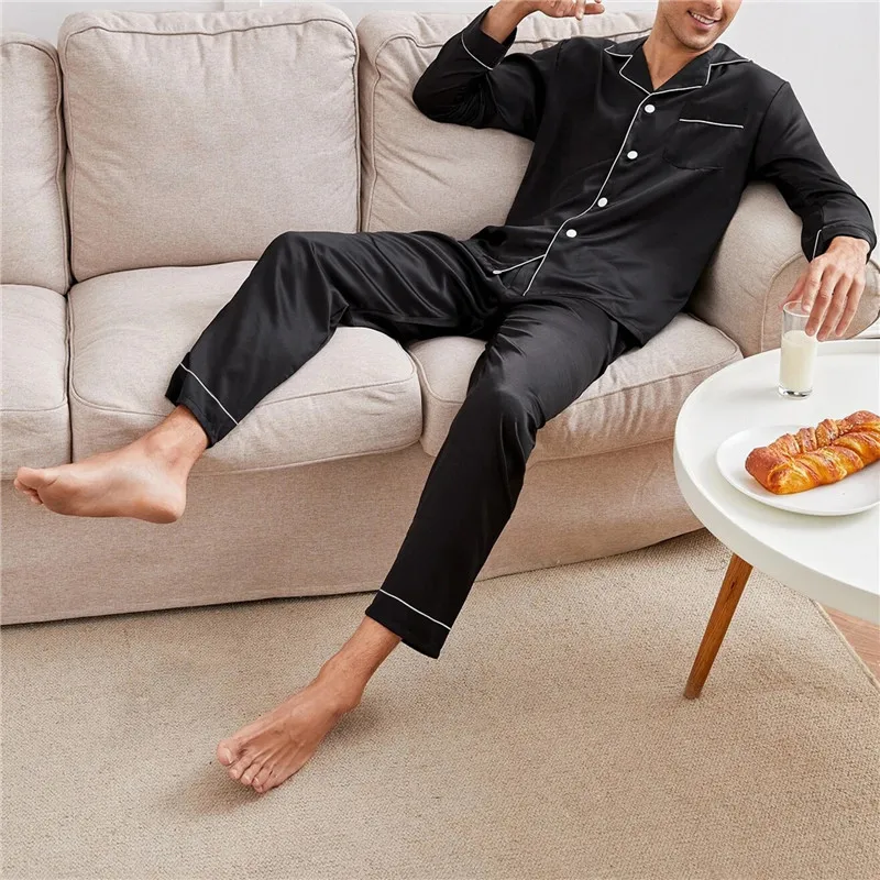 

Sleepwear Sets Sets Home Pajama Men Men Turn-down Pyjamas Sleep Collar Male Sleeve Suits Pieces Long Pijama Clothes Silk Satin 2