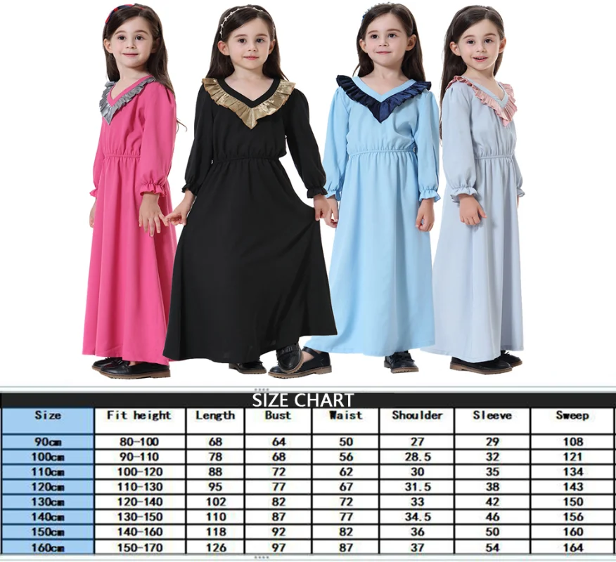 Muslim Kids Girls V-neck Long Sleeve Dress Middle East Arab Dubai Ramadan Kaftan Children Abaya Dress Islamic Robe Clothes