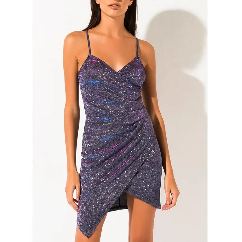 

2021 Sexy Fashion V-neck Slim Mini Dress Women's Clothing Vintage Halter Sequin Irregular Sling Skirt Party Club Evening Dresses