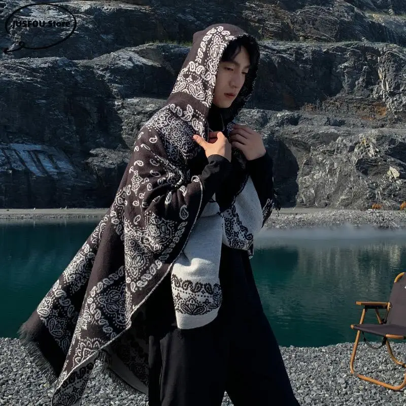 Пончо из искусственного кашемира мужской плащ с капюшоном теплая шаль накидки