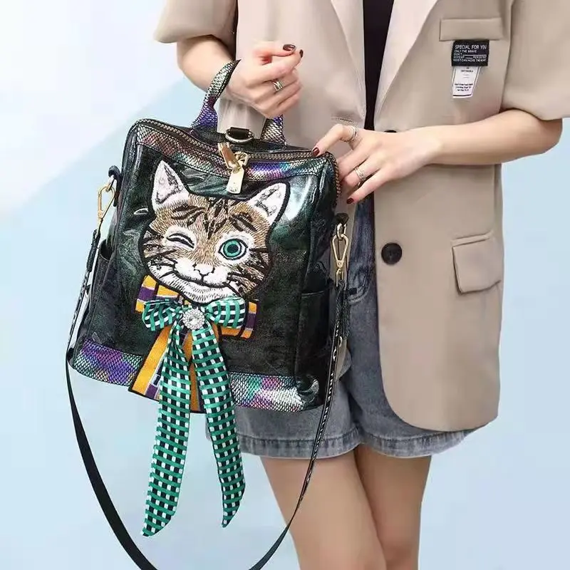 

Real Leather Cute Backpack Kitten Small Backpack Fancy Designer Mini Backpack Women Shoulder Bag Rivet Mochilas Para Mujer