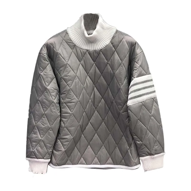 TB TNOM Men's Winter Jacket Fashion Brand Coat White 4-Bar Stripe Diamond LatticeTurtleneck Cotton-Padded Pullovers TB Jackets