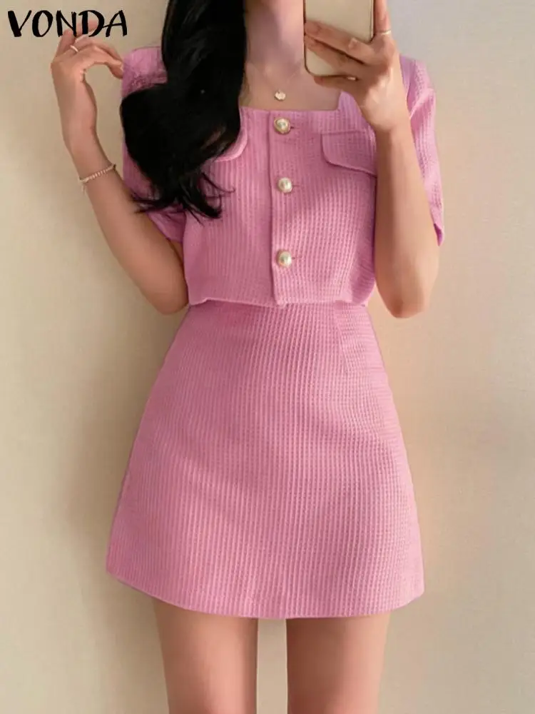 

Соблазнительные короткие платья 2022 VONDA, женский короткий топ с коротким рукавом, юбка с высокой талией, комплект из двух предметов, женские э...