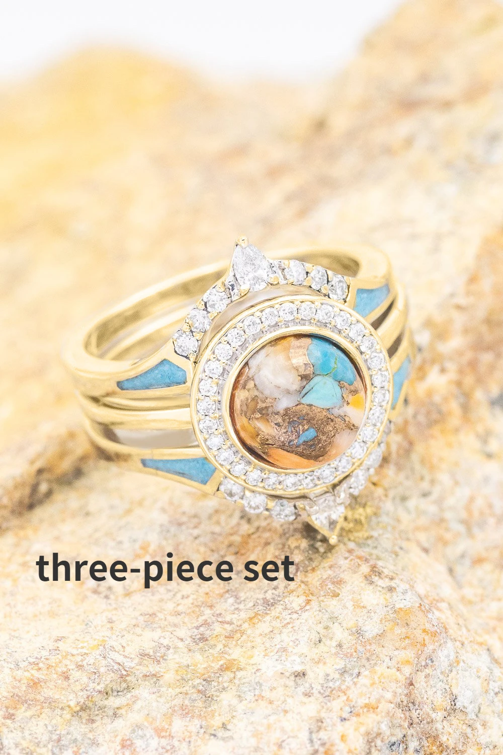 

Oil Dripping Diamond Three-piece Ring New Fashion Temperament Girlfriends Couple Set Ring Wedding Engagement Turquoise Jewelry