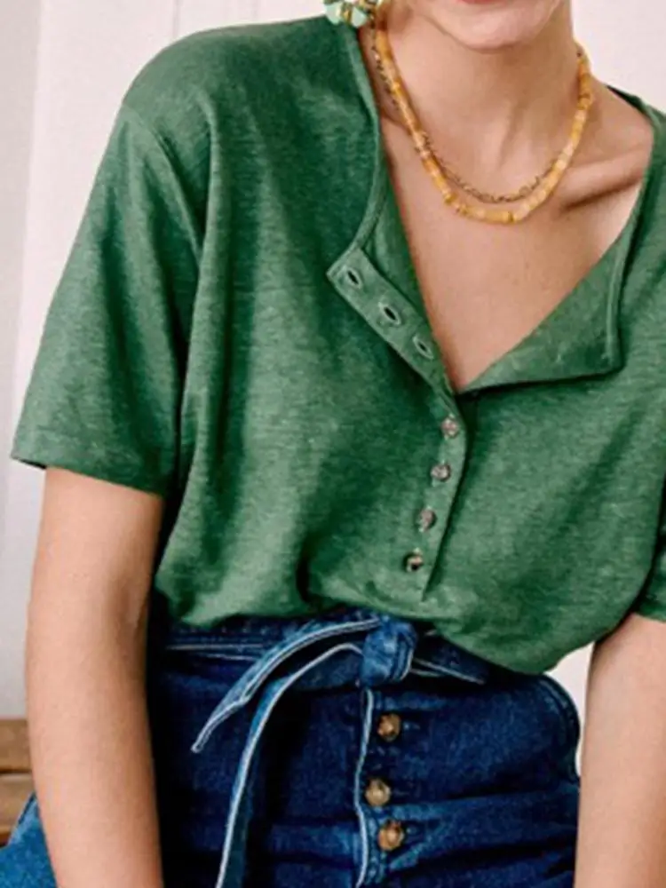 

Summer Button Round Neck Loose Shoulder Short Sleeve Women T-shirt