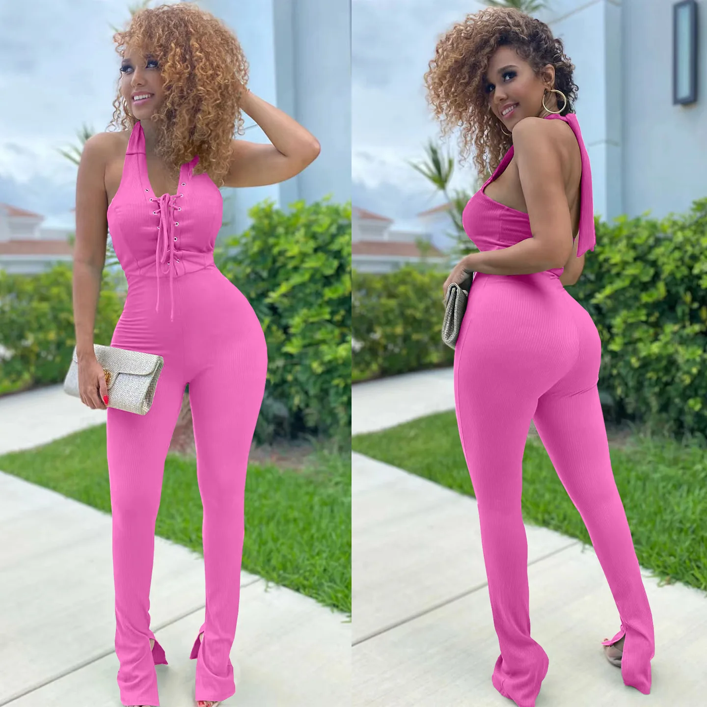 HM6617 Women's Jumpsuit Summer Sexy Streetwear Solid Color Halter Backless Stitching Strap Tight Jumpsuit Women