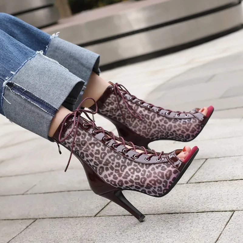 

Ochanmeb Leopard Mesh Net Boots for Women Open Peep Toe Cross-tied Lace-up Ankle Boot Ladies Spike High-Heel Shoes Spring Summer