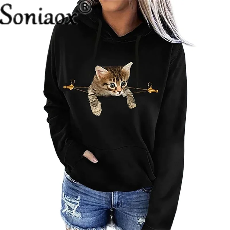 

Vrouwen Hoodies Casual Lange Mouw Kangoeroezak Sweatshirt Herfst Winter Warm Dames Hoodies Cartoon Kat Gedrukt Trui Jas