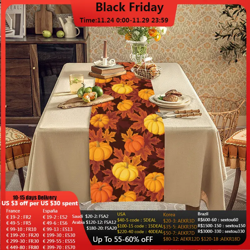 

Настольная дорожка на День Благодарения, тыква, кленовые листья, аксессуары, льняная настольная дорожка, декор для вечерние