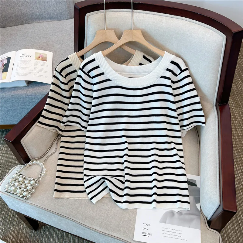 

2023 Summer New Women Sweater stripe Knitwear T-shirt O-Neck Casual Short sleeve Tops Female Knitted Pullover Women Clothing