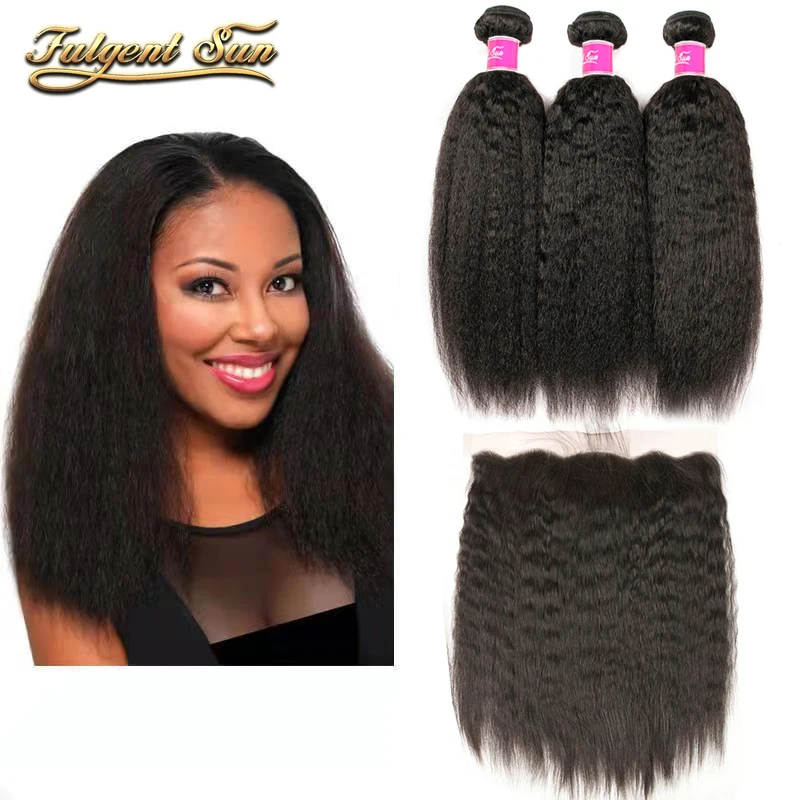 

Yaki Hair Bundles With Frontal 13x4 Brazilian Human Hair Bundles Ear To Ear Lace Frontal Kinky Straight Hair Bundles For Women